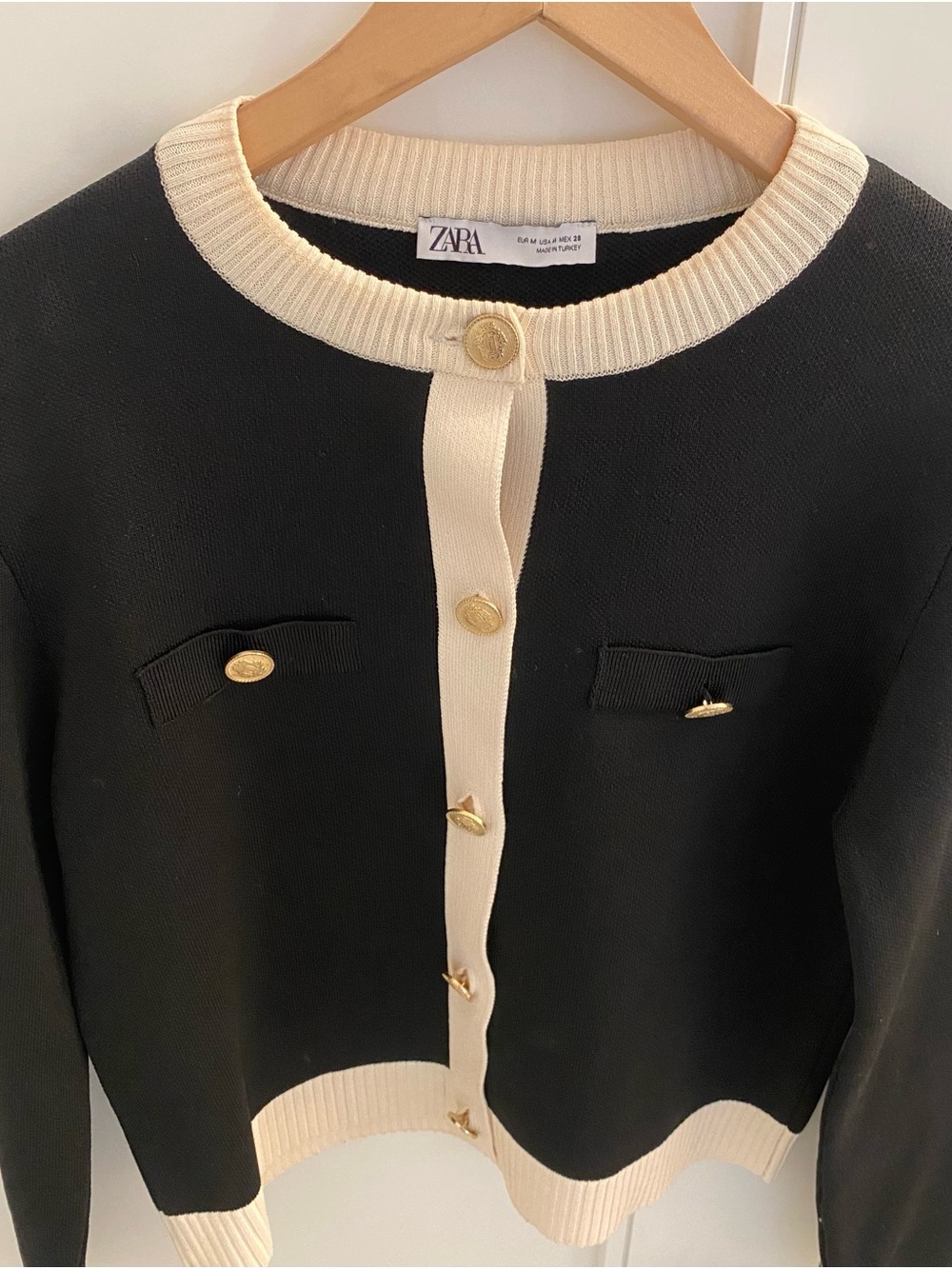 ZARA Black & Cream Knit Cardigan with Gold Buttons Medium